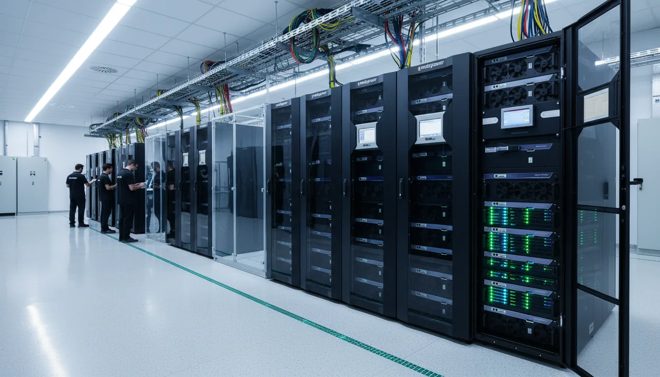 Fila de gabinetes en un centro de datos con técnicos trabajando