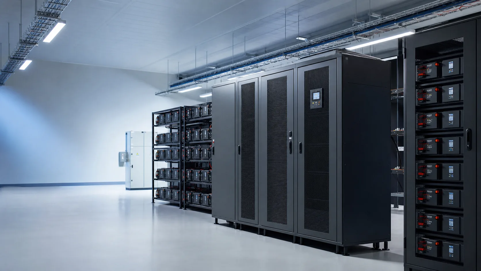 Sala eléctrica con gabinetes UPS y bancos de baterías industriales