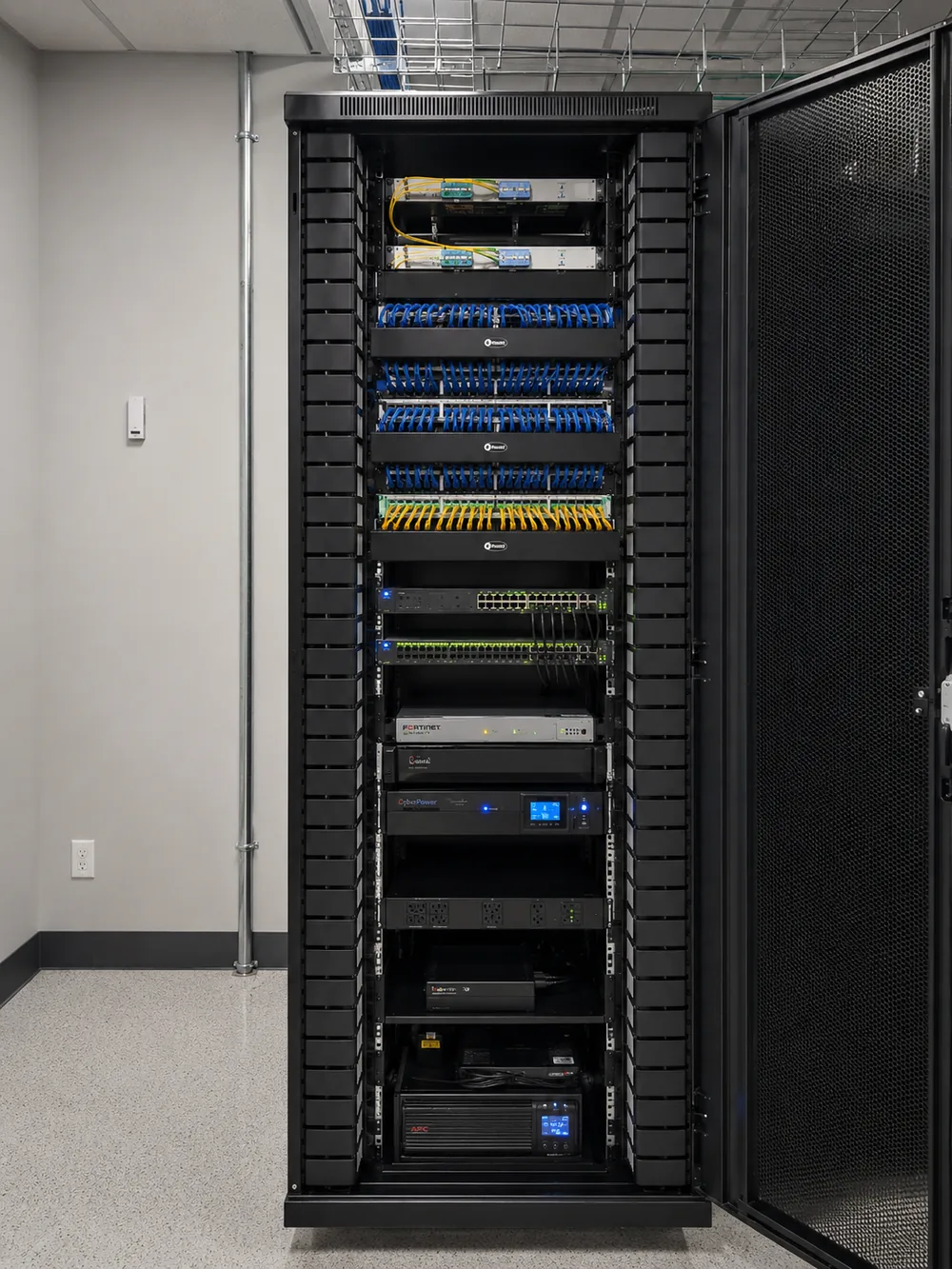 Rack de comunicaciones ordenado con UPS APC en la base
