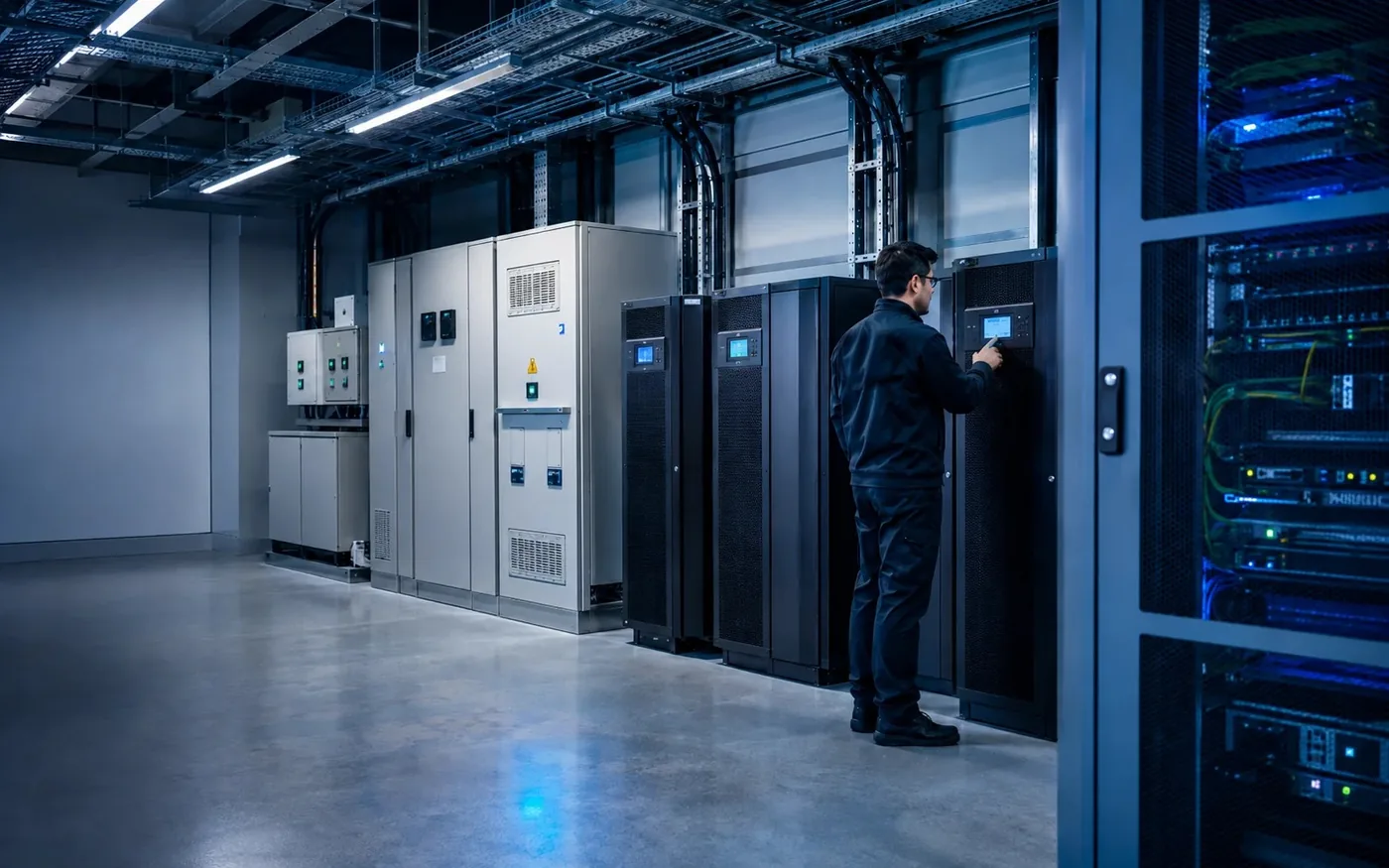 Técnico operando el panel de un UPS trifásico en un centro de datos