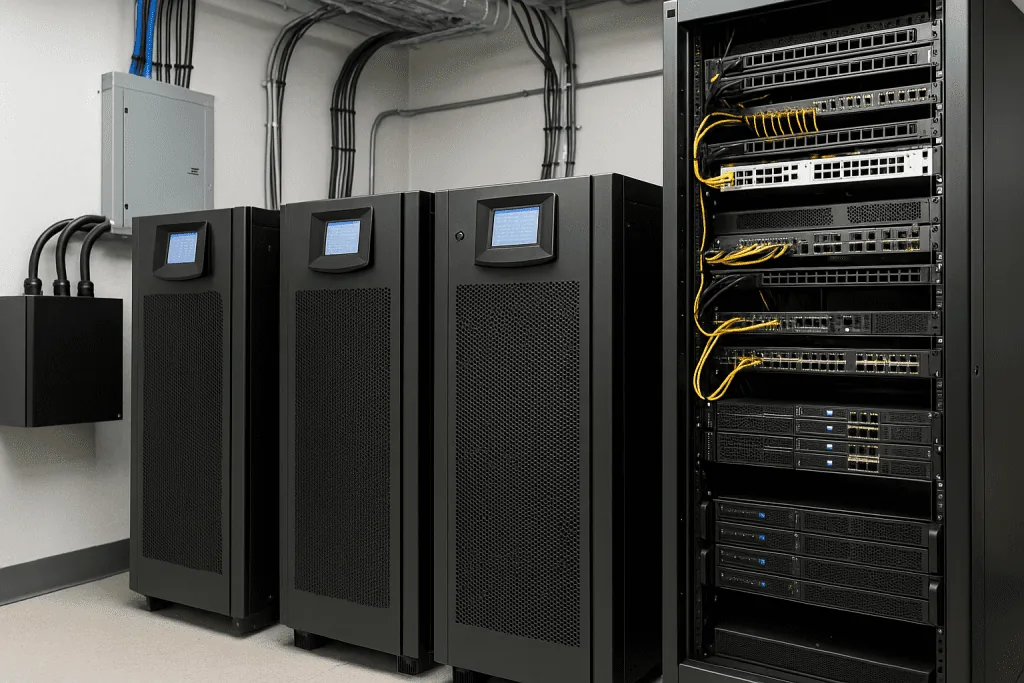 Tres UPS de torre junto a un rack de servidores